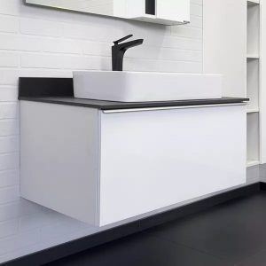 Тумба подвесная Comforty Милан 90 со столешницей Калакатта Блэк с раковиной Comforty Белый глянцевый 00-00014007CF