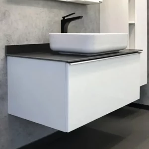 Тумба подвесная Comforty Милан 90,5 + раковина + светло-серая столешница Белый глянцевый 00-00007899