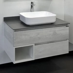 Тумба подвесная Comforty Прага 90,5 + раковина + серая столешница Дуб белый 00-00006956