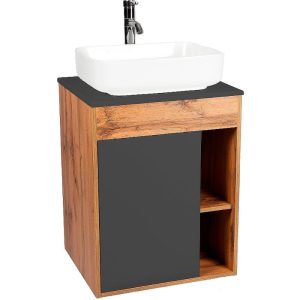 Тумба подвесная Viant Бостон графит 70 со столешницей, с раковиной MODUO Дуб вотан / Графит VBOS65NG-T1STP